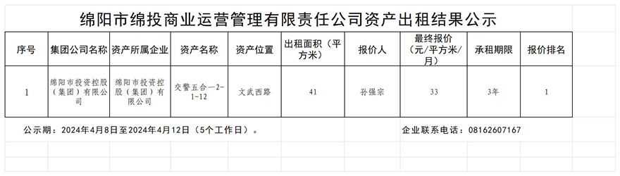 綿陽(yáng)市綿投商業(yè)運(yùn)營(yíng)管理有限責(zé)任公司資產(chǎn)出租結(jié)果公示_結(jié)果公示模板